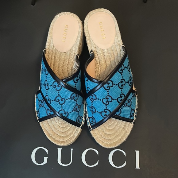 Gucci Sandals Fabric New Espadrille Canvas GG/Napa Charlotte light blue 6.5 - Picture 2 of 10
